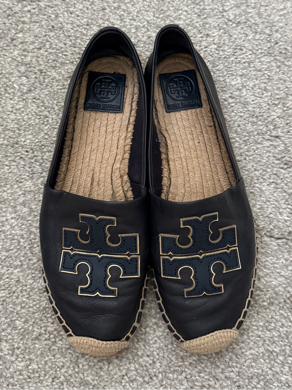 Tory Burch Black Leather Espadrille Slip-Ons with Logo